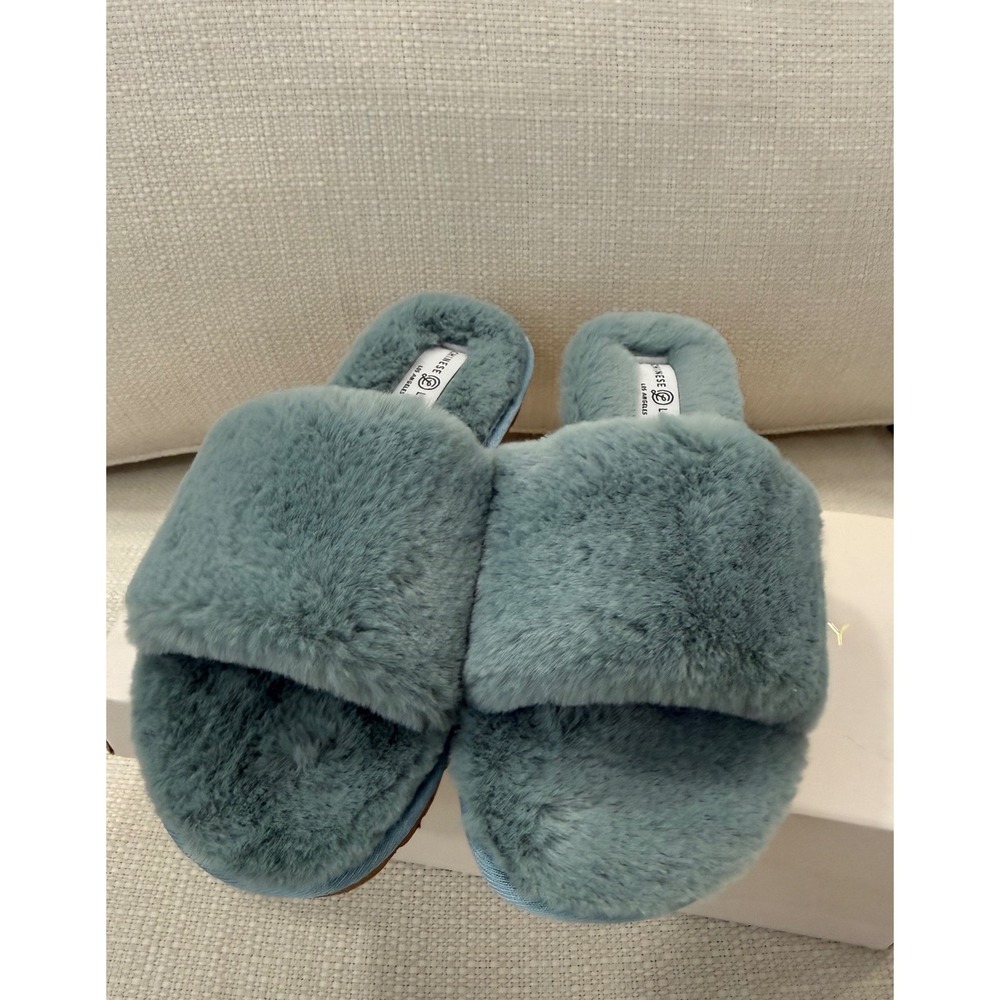 Chinese Laundry Rally Slippers Womens 7.5 Faux Fur Mint Blue Slides NIB
